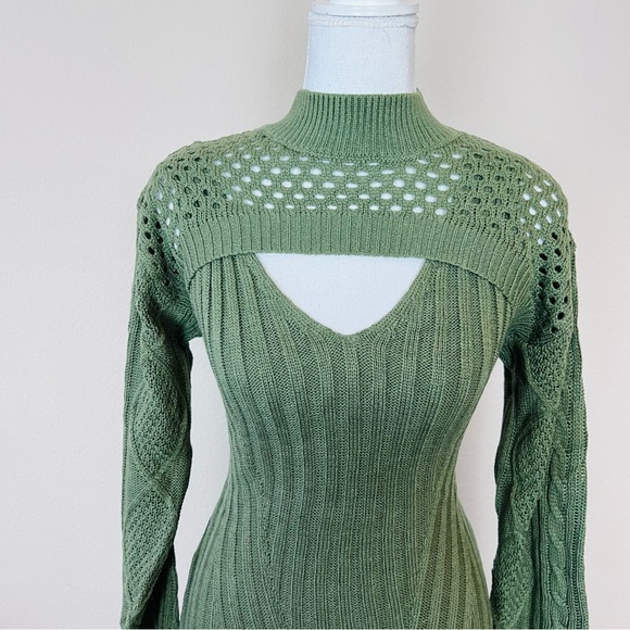 NWT Olive Green Knit Cable Sweater Long Sleeve Cut Out Bolero Mini Dress - Picture 5 of 12